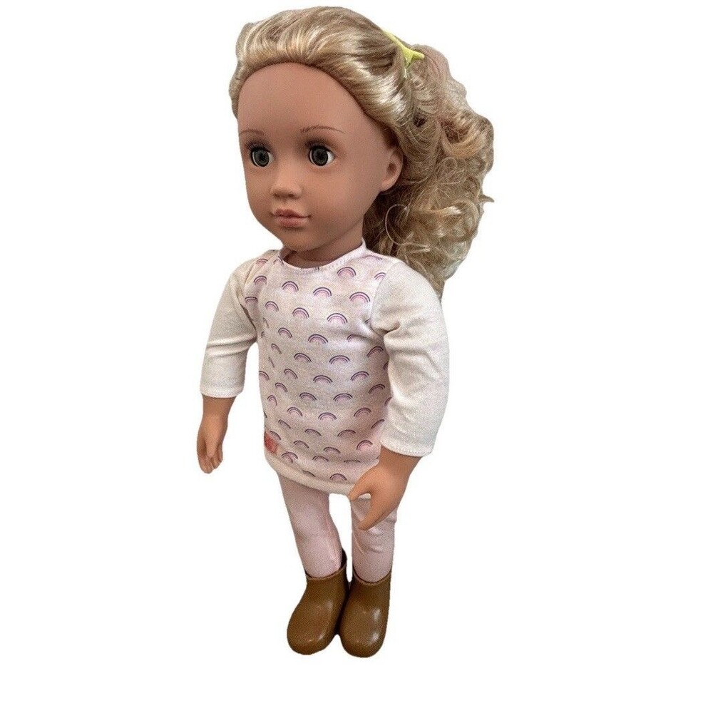 Our Generation Ember Doll Blonde Curly Hair Brown Eyes Rainbow Pink Leggings